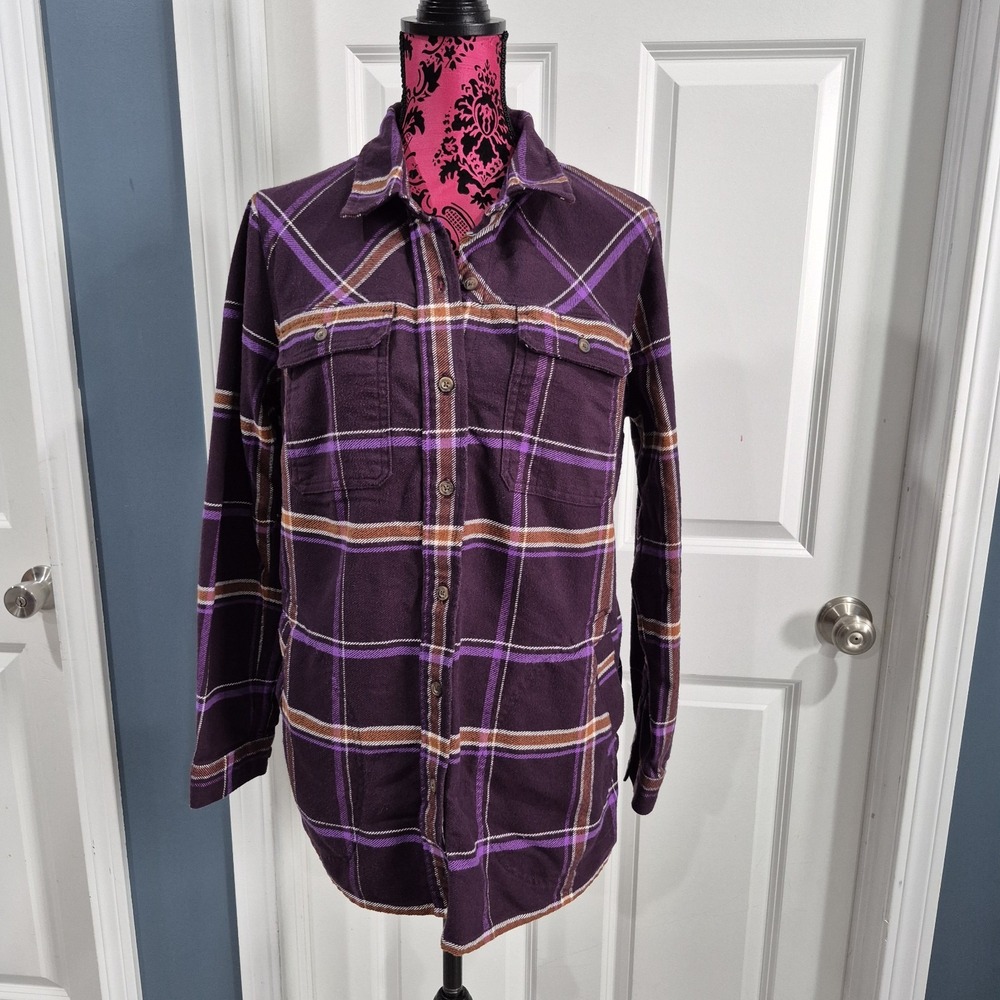 Duluth Trading Flannel Shirt Womens Large Purple Plaid Folklore Tunic Shacket